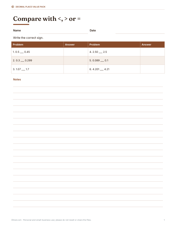 Preview of Decimal Place Comparison Worksheet